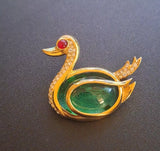 Crown Trifari Vintage Emerald Green Jelly Belly Duck Swan Bird Cabochon Brooch