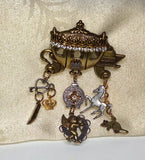 Cinderella Carriage Brooch Gold Tone Metal/60s VTG Carriage w/Charms & Crystals