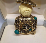 Vintage Oriental Buddha Brooch Pin with Gemstones Signed