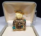 Vintage Oriental Buddha Brooch Pin with Gemstones Signed